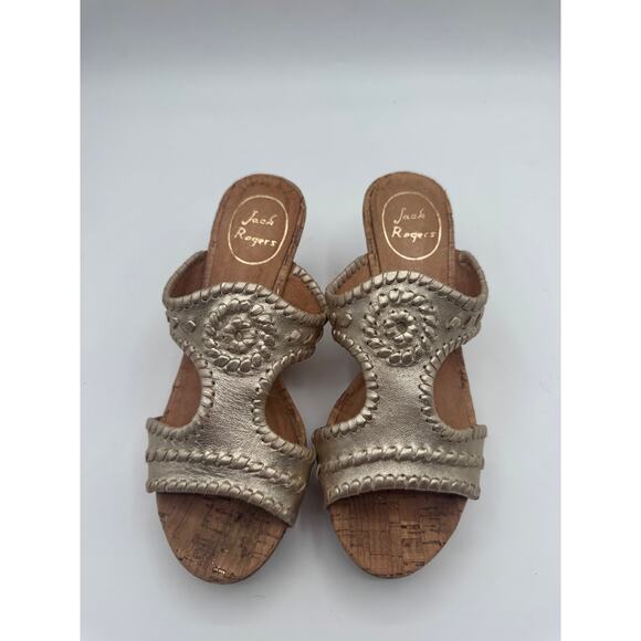 Woman's Jack Rogers Gold Leather Slip-on Emilia Cork Wedge Sandal Size 6M - Picture 1 of 7